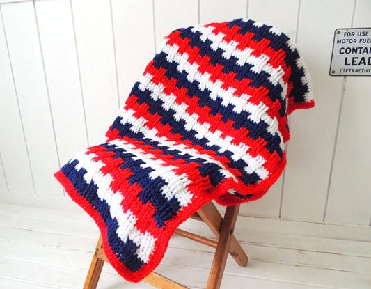 【トリコロールカラー】バスケット編み・ハンドメイド・ヴィンテージ・ニットブランケット・大判 USA