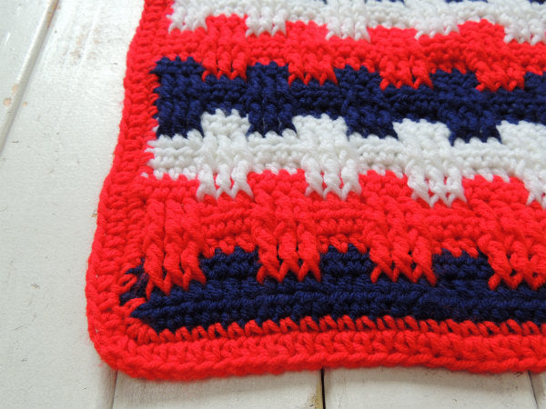 【トリコロールカラー】バスケット編み・ハンドメイド・ヴィンテージ・ニットブランケット・大判 USA
