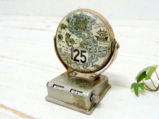 【地球儀】ノスタルジック・メタル製・回転式・ヴィンテージ・デスクカレンダー・卓上カレンダー