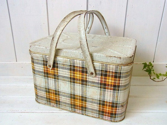 タータンチェック柄・アンティーク・ティンバスケット/ティン缶 USA