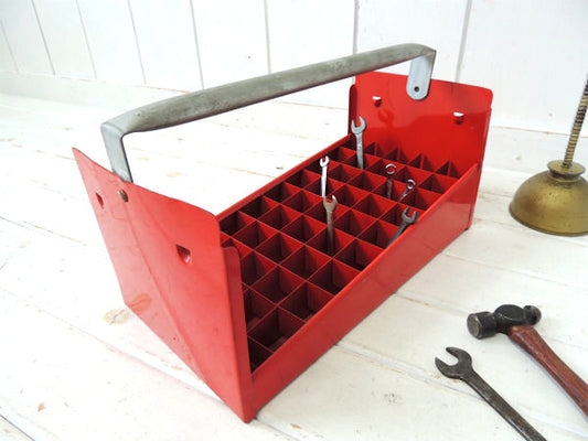 【工業系・レッド・メタル製】仕切り付き・ヴィンテージ・ツールボックス・キャリーボックス・工具ケース