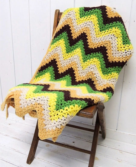 レトロな配色 手編み ニット ヴィンテージ ブランケット ひざ掛け 大判サイズ USA キャンプ