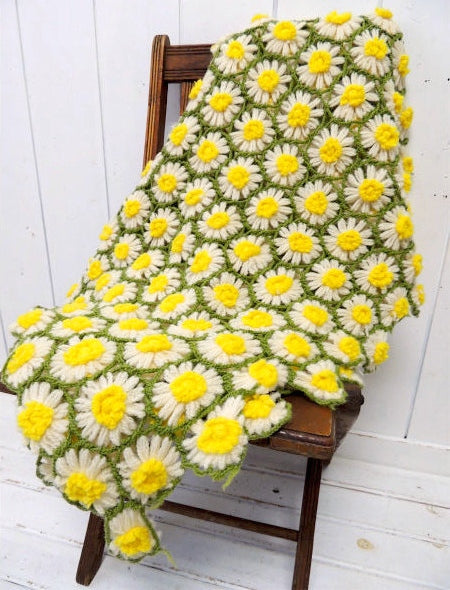 手編みニット・お花の立体モチーフ編み・アンティーク・ブランケット/ひざ掛け USA