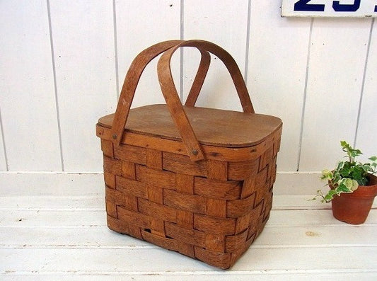 木製・アンティーク・ピクニック・バスケット/ウッドバスケット USA