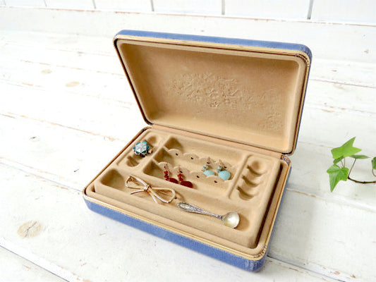 パープルブルー色・ベルベット素材・2段式・ヴィンテージ・ジュエリーケース/宝石箱 USA