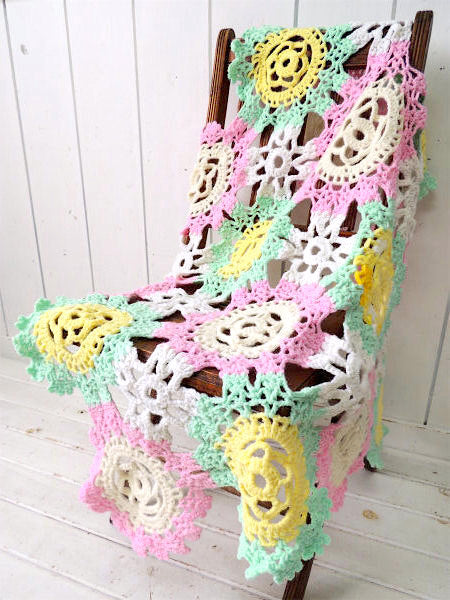 パステルカラー・お花のモチーフ編み・ハンドメイド・ブランケット USAアウトドア キャンプ グランピ