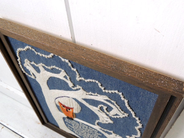 ふくろうモチーフ×デニム地ベース・70's・ヴィンテージ・刺繍フレーム/壁飾り USA