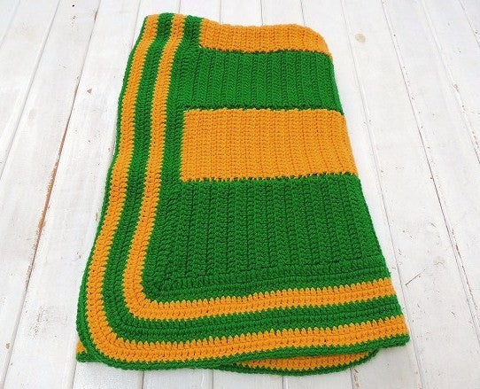 USA!グリーン色×山吹色・ストライプ柄・ヴィンテージ・ニットブランケット/ひざ掛け