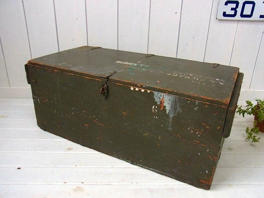 1943【ARMORD TRUNK】カーキ色・大きな木製・アンティーク・トランク/ウッドボックス