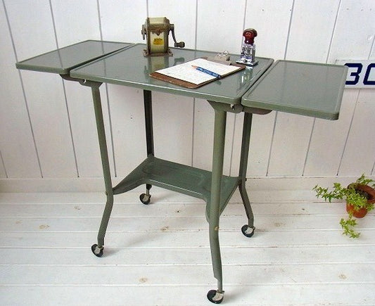 キャスター付き・スチール製・ヴィンテージ・タイプライターデスク/作業台/グレー USA