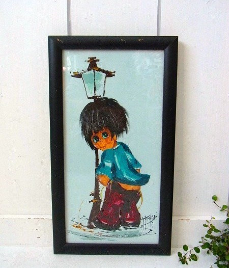 【Big Eye Boy・1960's~】木製フレーム入り・ビンテージ・絵画・油絵・壁飾り