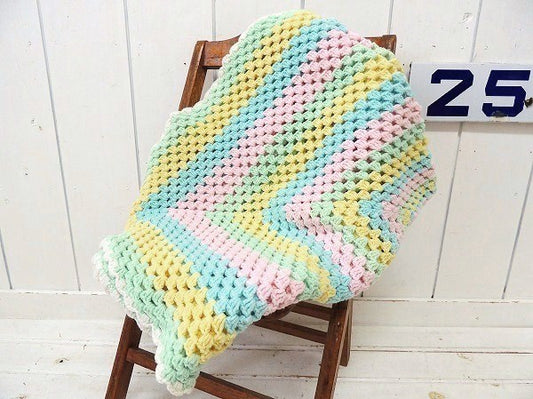 【USA・パステルカラー】ハンドメイド・ヴィンテージ・ニットブランケット/ひざ掛け