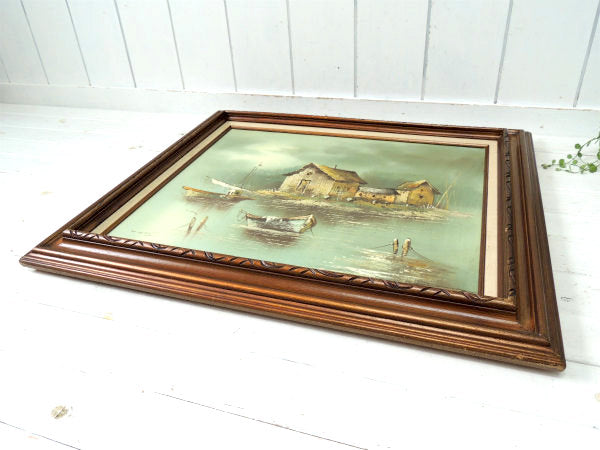 カリフォルニア WALL ART オイルペイント C.will:s 小屋と船 絵画 直筆サイン入り 油絵 額縁 木製フレーム