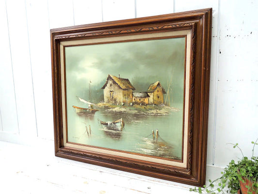 カリフォルニア WALL ART オイルペイント C.will:s 小屋と船 絵画 直筆サイン入り 油絵 額縁 木製フレーム