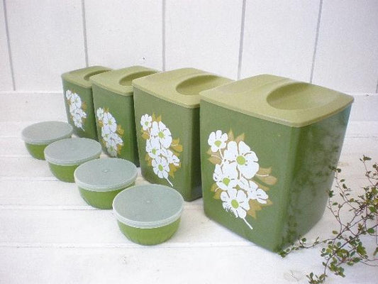 フラワー 花柄 レトロ ヴィンテージ キャニスター 入れ子式 USA キッチン雑貨