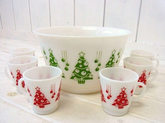 【ヘーゼルアトラス】クリスマスツリー柄・パンチボウル&マグカップ6脚セット USA