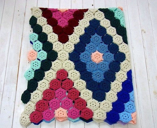 モチーフ編み・ひし形模様・アンティーク・ニット・ブランケット・ハンドメイド・USA