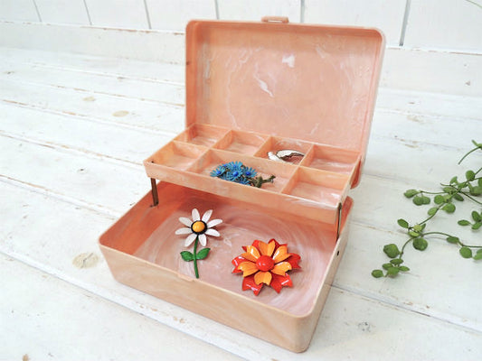 HOMMER サーモンピンク×白色 マーブル柄・ビンテージ・ジュエリーボックス 宝石箱 裁縫箱