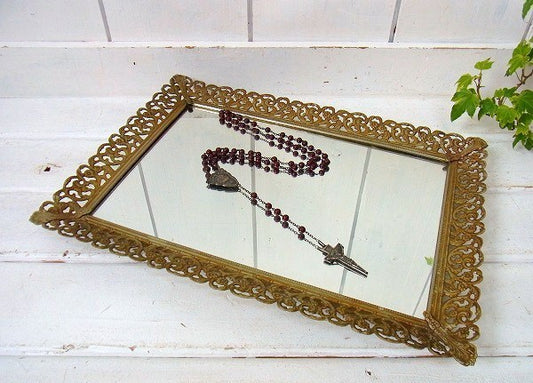 お花モチーフ・ゴールド色・アンティーク・ミラートレイ/鏡 USA