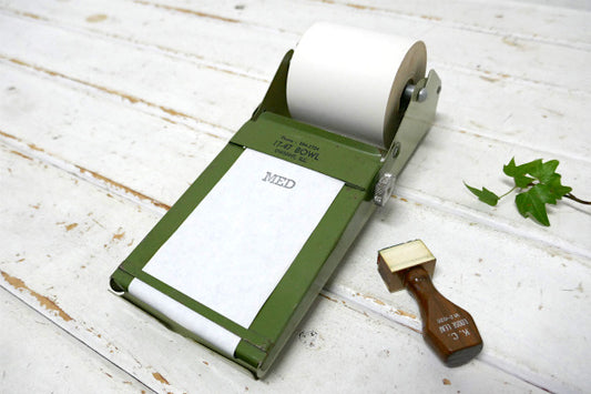 オリーブグリーン・メタル製・ロール式・アドバタイジング・ヴィンテージ・メモホルダー・メモパッド