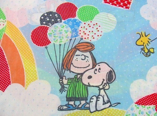 【スヌーピー&ベル】レインボー&気球柄・ヴィンテージ・ユーズドシーツ(ボックスタイプ)