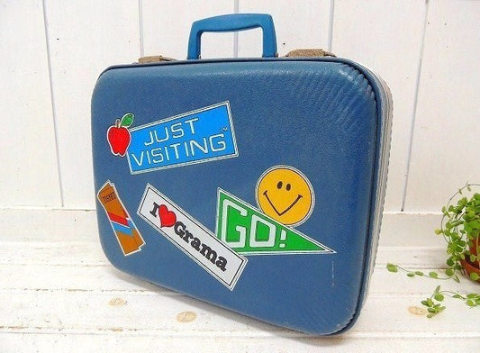 スマイルの絵柄入り・ブルー色・小さなヴィンテージ・スーツケース/トランク/旅行バッグ