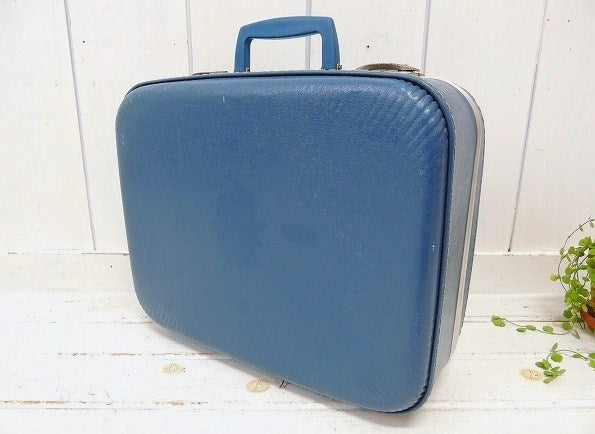 スマイルの絵柄入り・ブルー色・小さなヴィンテージ・スーツケース/トランク/旅行バッグ