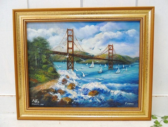 USA サンフランシスコ 橋 ゴールデンゲートブリッジ 風景画  油絵 アンティーク 木製フレーム 額 絵画