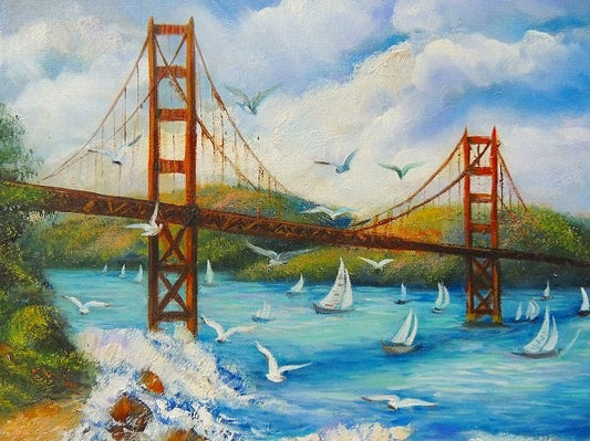 USA サンフランシスコ 橋 ゴールデンゲートブリッジ 風景画 油絵 アンティーク 木製フレーム 額 絵画