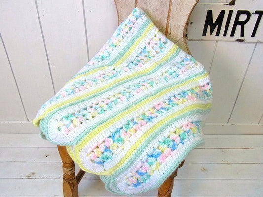 手編み・ニット・パステルカラー・ヴィンテージ・ブランケット/ハンドメイド USA