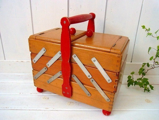 脚付き・木製・アンティーク・ソーイングボックス・裁縫箱 USA