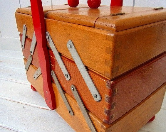 脚付き・木製・アンティーク・ソーイングボックス・裁縫箱 USA