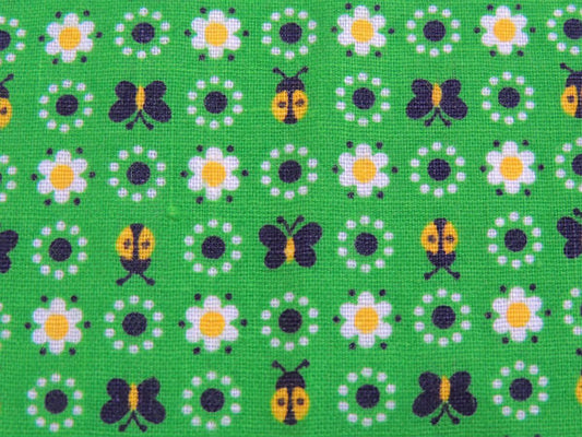 小花&てんとう虫&蝶々柄・グリーン地・デッドストック・ヴィンテージ・ファブリック/生地 USA