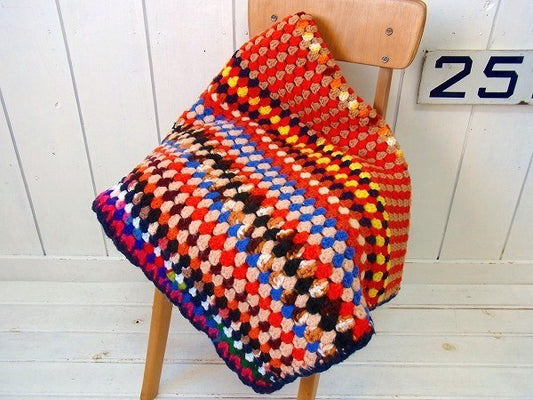 カラフルなヴィンテージ・ニットブランケット/ひざ掛け/ハンドメイド USA