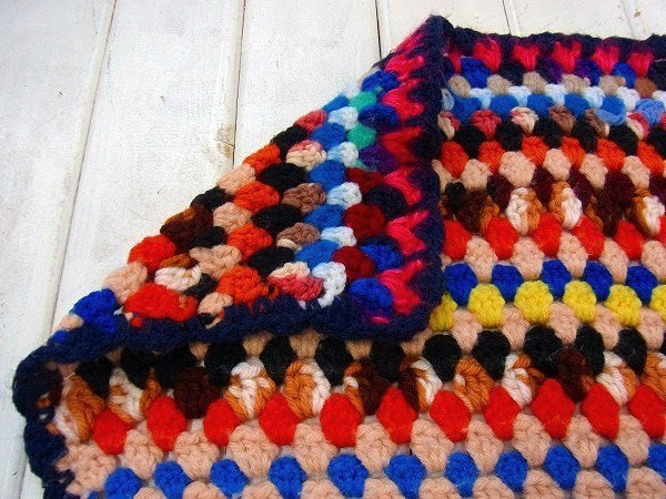 カラフルなヴィンテージ・ニットブランケット/ひざ掛け/ハンドメイド USA