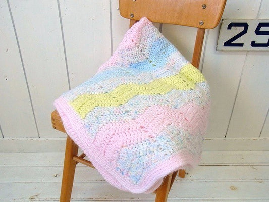 【パステルカラー・ハンドメイド】ヴィンテージ・ニット・ベビーブランケット/ひざ掛け USA