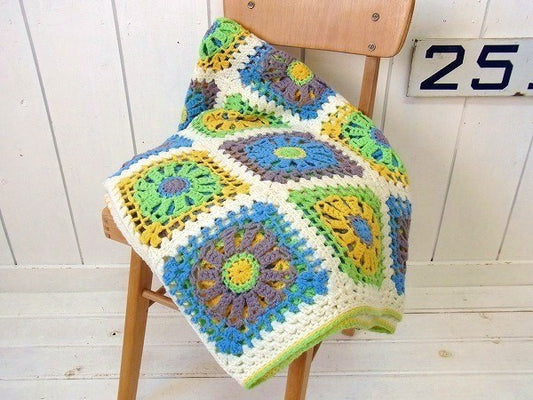 ハンドメイド・ヴィンテージ・モチーフブランケット/グラニーブランケット/大判 USA