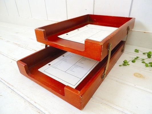 木製×真鍮製・可動式・アンティーク・書類ラック/デスクトレイ/USA