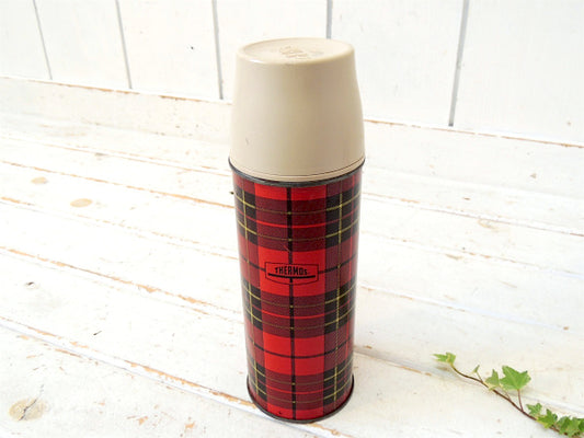 【THERMOS】サーモス・赤色・タータンチェック・60's・ヴィンテージ・魔法瓶・水筒・1パイント