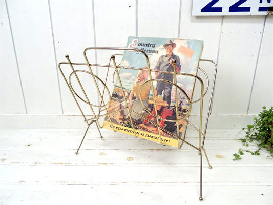 ミッドセンチュリー・ゴールド色・メタル製・ヴィンテージ・マガジンラック/マガジンスタンド・本・雑誌