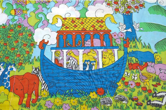 ノアの方舟 カラフル 動物&お花&レインボー柄 ヴィンテージ ピローケース 枕カバー リメイク生地