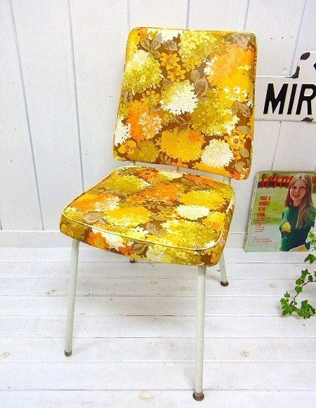 【Metalcraft】レトロ&ポップな花柄・ヴィンテージ・チェア/イス/椅子/黄色 USA
