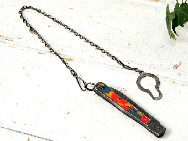 1920s~ヴィンテージ・オールド・ロングチェーン・ポケットナイフ付き・キーホルダー・折り畳みナイフ