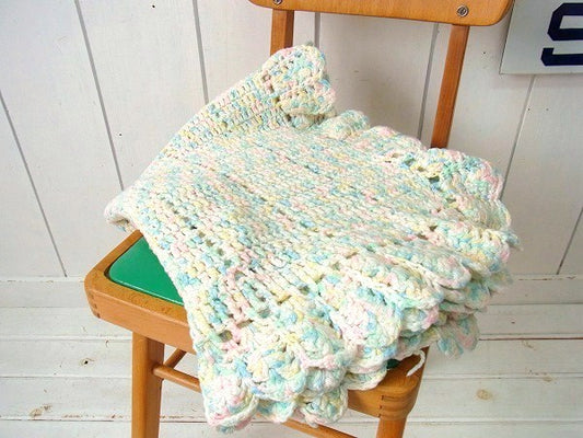 パステルカラー・ハンドメイド・ヴィンテージ・ニットブランケット/ひざ掛け USA