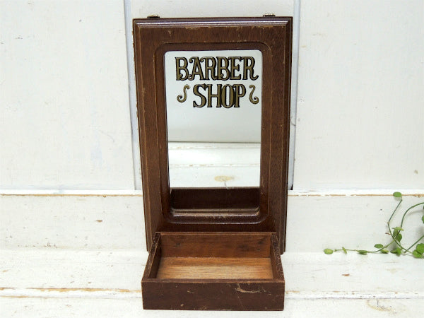 【BARBER SHOP】バーバーショップ・木製・トレイ付き・アンティーク・ミラー・鏡・ウォールデコ