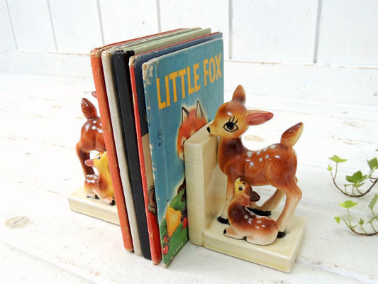 【Exclusive BP】鹿の親子・バンビ・セラミック製・ヴィンテージ・ブックエンド/本立て