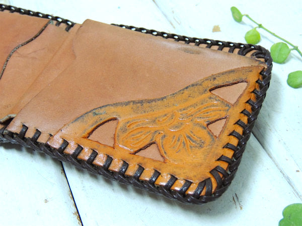 牛&花柄・型押し・レザー製・ヴィンテージ・ウォレット・2つ折り財布・レザー小物・革