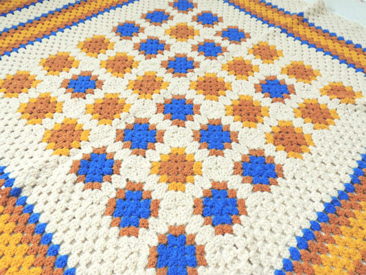 USA!レトロな配色のモチーフ編み・ヴィンテージ・ニットブランケット/大判サイズ