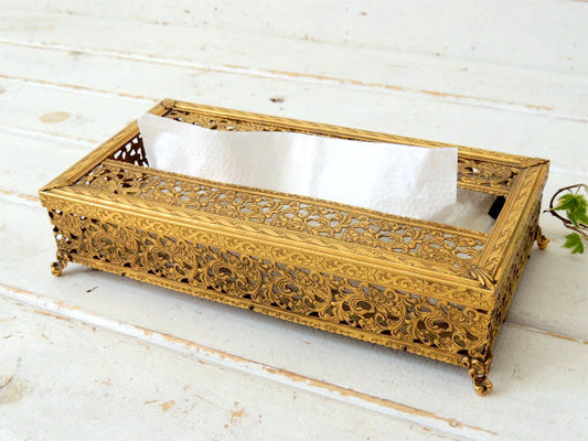 花柄・透かしデザイン・ゴールドトーン・脚付きヴィンテージ・ティッシュケース・ボックス・グラマラス