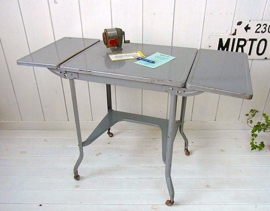 木製キャスター付き・スチール製・ヴィンテージ・タイプライターデスク作業台/机 USA
